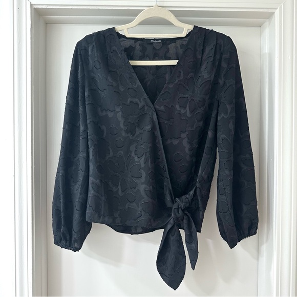 Madewell Tops - Madewell Black Floral Jacquard Side Tie Wrap Top, Size Medium